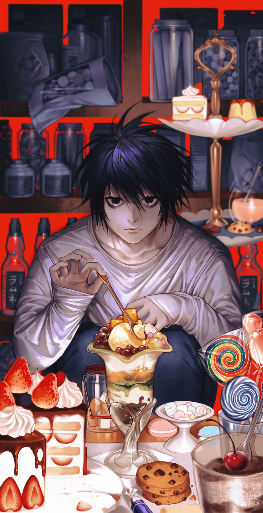 1boy absurdres bags_under_eyes black_eyes black_hair blue_pants blurry bottle cake cake_slice candy chocolate_chip_cookie cookie cup death_note depth_of_field dessert food fruit hair_between_eyes hand_up hands_up highres holding holding_spoon huli_xiaobai ice_cream jar l_(death_note) lollipop long_sleeves looking_at_viewer macaron male_focus marshmallow pants plastic_wrap plate pov_across_table pudding pullover red_background red_bean_paste shirt short_hair single_scoop sleeves_past_wrists solo spoon squatting straight-on strawberry strawberry_shortcake sundae swirl_lollipop tiered_tray whipped_cream white_shirt