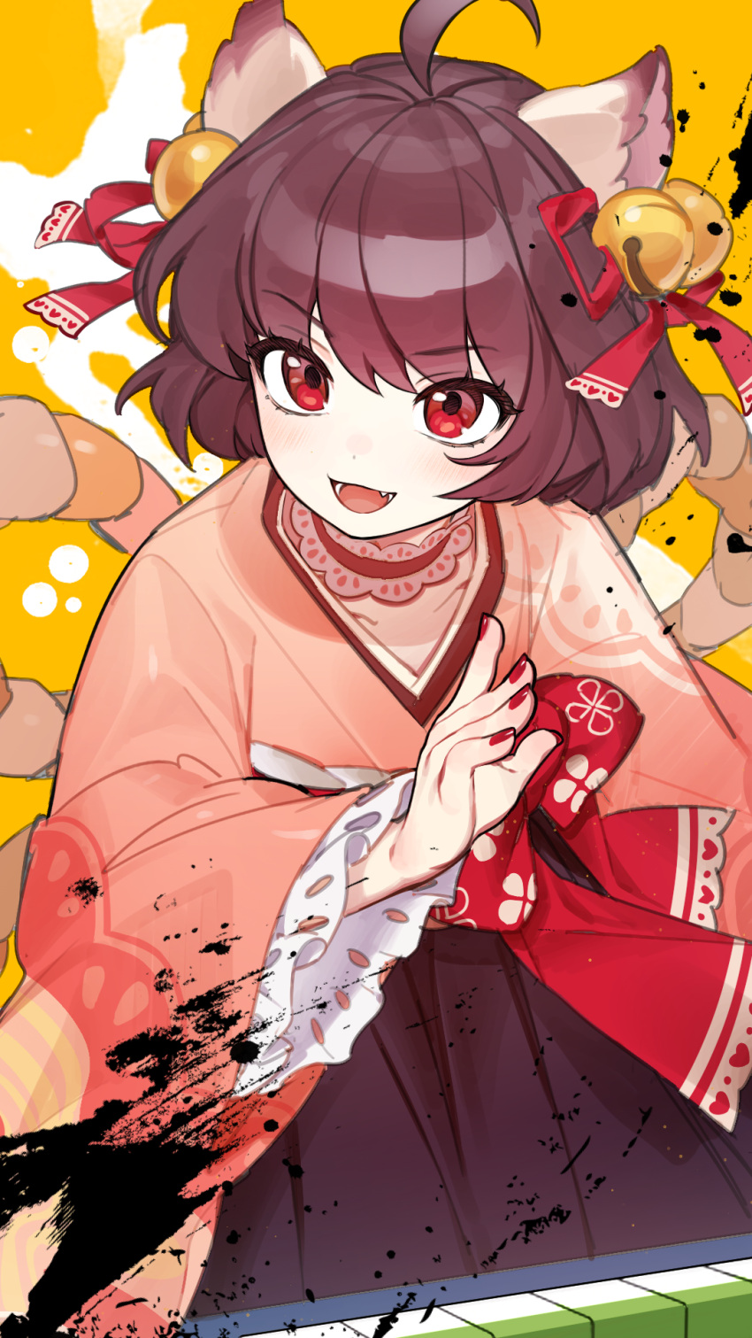 1girl animal_ears bell brown_hair cat_ears cat_girl fangs hair_bell hair_ornament highres ichihime japanese_clothes kimono looking_at_viewer mahjong_soul nail_polish open_mouth red_eyes short_hair shu_rin solo yellow_background