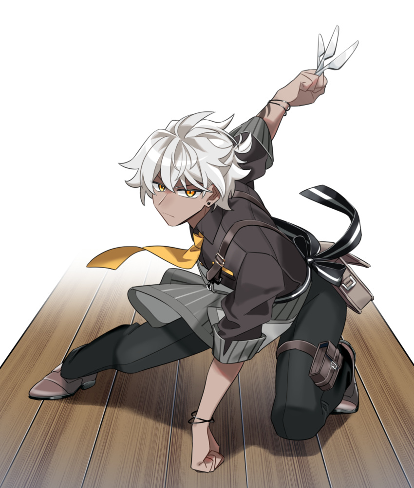 1boy a-37 bracelet closed_mouth dark-skinned_male dark_skin earrings frown full_body highres holding holding_weapon jewelry jiitarou knife looking_at_viewer mahjong_soul male_focus short_hair short_sleeves sketch solo stud_earrings weapon white_background white_hair wooden_floor yellow_eyes