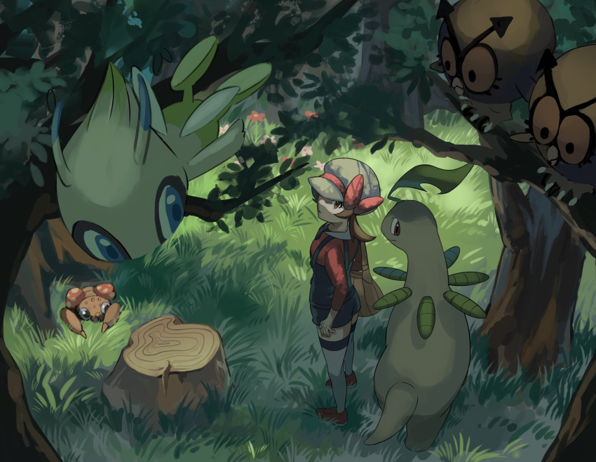 1girl bayleef blue_overalls bow brown_eyes brown_hair cabbie_hat celebi closed_mouth commentary_request from_above grass hat hat_bow highres hoothoot in_tree long_hair looking_up lyra_(pokemon) nmn_0 overalls paras pokemon pokemon_(creature) pokemon_(game) pokemon_hgss red_footwear red_shirt shirt shoes standing thigh-highs tree tree_stump twintails white_headwear yellow_bag