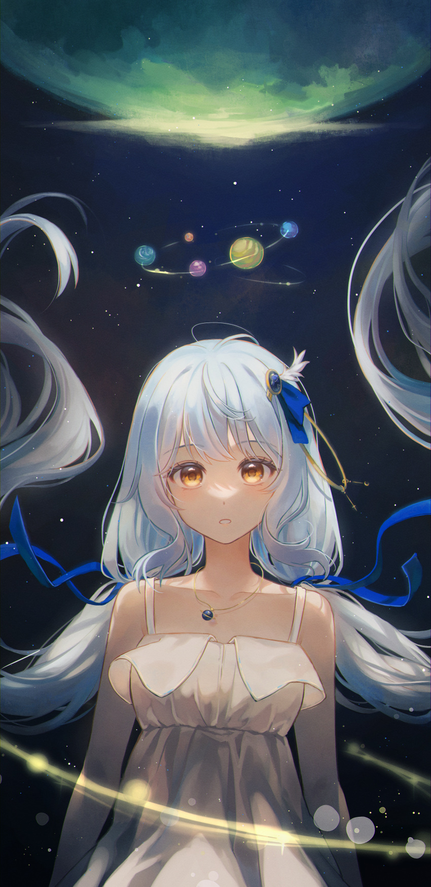 1girl absurdres blue_bow blue_gemstone blush bow collarbone dress floating_hair gem hair_bow highres jewelry long_hair looking_at_viewer narebi original parted_lips pendant sleeveless sleeveless_dress solo sundress twintails upper_body very_long_hair white_dress white_hair yellow_eyes