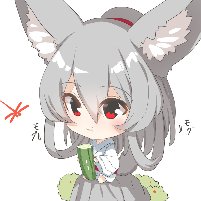 1girl :t animal animal_ear_fluff animal_ears bangs barefoot big_head bug chibi closed_mouth commentary_request cucumber dragonfly eating food fox_ears fox_girl fox_tail grey_hair hair_between_eyes highres holding holding_food japanese_clothes kimono long_hair long_sleeves obi original ponytail red_eyes sash simple_background sitting solo tail very_long_hair white_background white_kimono wide_sleeves yuuji_(yukimimi)