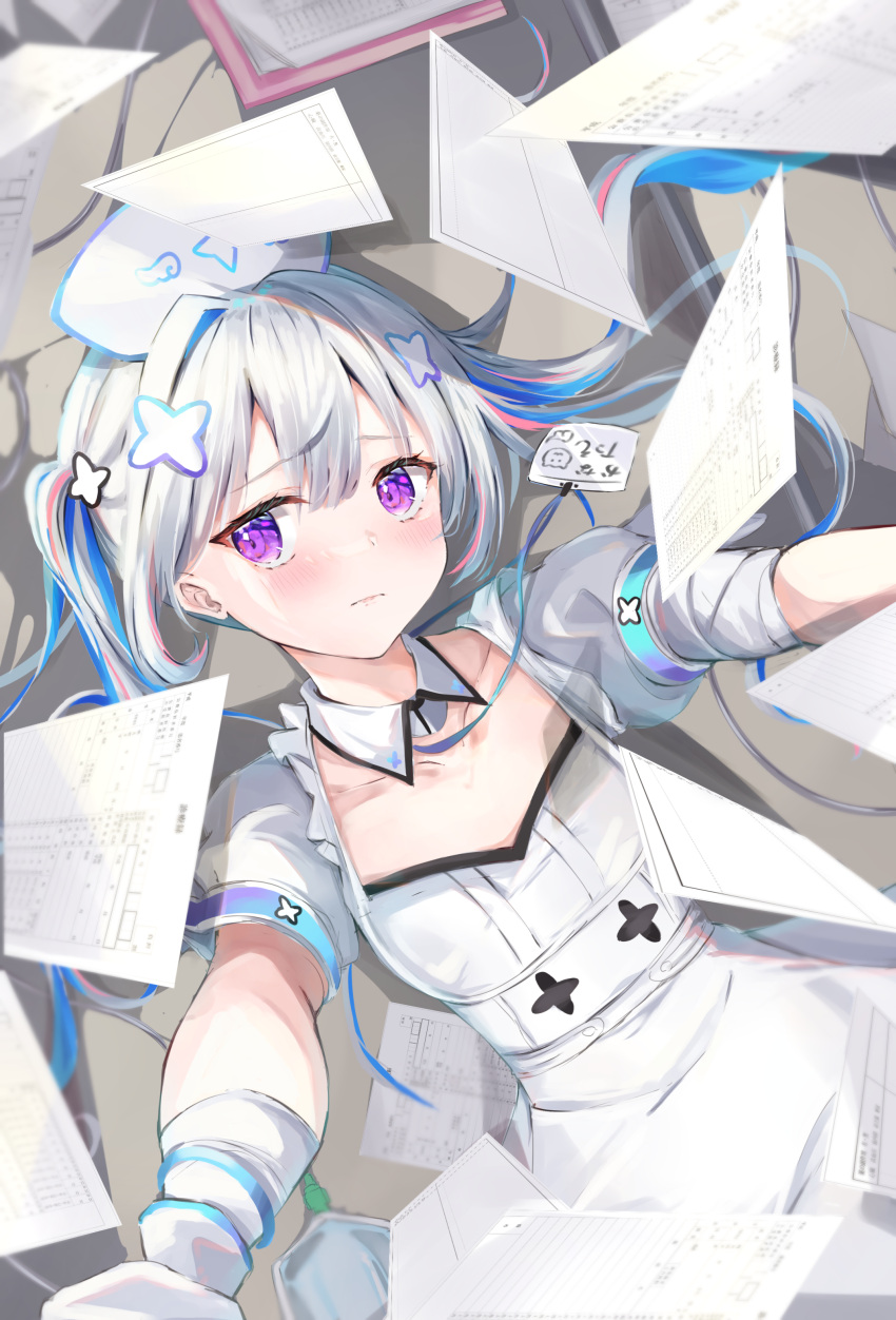 1girl absurdres amane_kanata bangs blue_hair blush closed_mouth collarbone commentary_request detached_collar dress dutch_angle flat_chest from_above gloves grey_hair hair_between_eyes hair_ornament head_tilt highres hololive lanyard long_hair looking_at_viewer lying mihasu nurse on_back outstretched_arms paper puffy_short_sleeves puffy_sleeves reaching_out short_sleeves sidelocks single_hair_intake solo twintails violet_eyes white_dress white_gloves white_headwear wing_collar