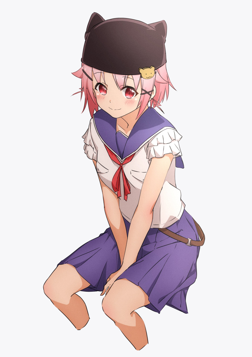 1girl absurdres animal_ears bangs bear_hair_ornament between_legs black_headwear blush cat_ears closed_mouth collarbone collared_shirt cropped_legs dress_shirt fake_animal_ears gakkou_gurashi! grey_background hair_ornament hand_between_legs hat highres invisible_chair layered_sleeves megurigaoka_high_school_uniform miniskirt neck_ribbon nijizuki_shino pink_hair pleated_skirt purple_sailor_collar purple_skirt red_eyes red_ribbon ribbon sailor_collar sailor_shirt school_uniform shirt short_hair short_sleeves simple_background sitting skirt smile solo takeya_yuki white_shirt x_hair_ornament