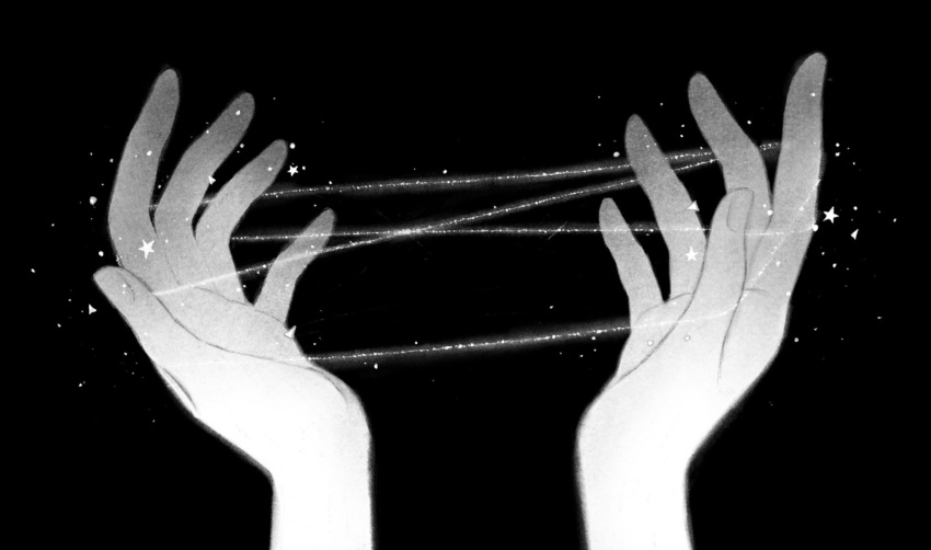 1other androgynous cat's_cradle commentary fingernails greyscale hand_focus highres light_particles monochrome original out_of_frame pov pov_hands sae_sae simple_background solo sparkle star_(symbol) string string_figure symbol-only_commentary