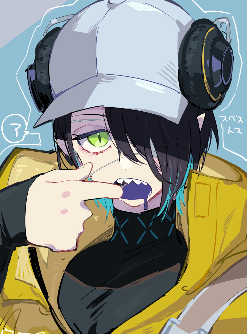 1girl arknights asbestos_(arknights) backpack bag baseball_cap black_shirt blue_background blue_tongue border character_name colored_tongue commentary eyepatch finger_in_own_mouth green_eyes grey_background hair_over_one_eye hat headphones headphones_over_headwear highres infection_monitor_(arknights) jacket long_sleeves looking_at_viewer mouth_pull nekoma_hikaru pointy_ears sharp_teeth shirt slit_pupils solo teeth translated two-tone_background upper_body white_headwear yellow_jacket