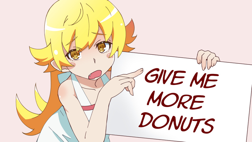 1girl bakemonogatari bangs bare_shoulders blonde_hair blush blush_stickers d: donut_(theme) dress english_text fang fooring highres holding holding_sign long_hair looking_at_viewer monogatari_(series) open_mouth oshino_shinobu pointing pointy_ears sign simple_background solo white_dress worried yellow_eyes
