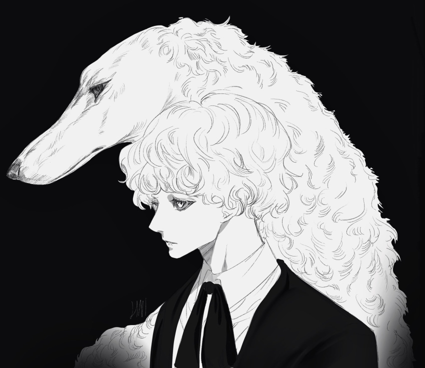 1boy animal bangs closed_mouth collared_shirt colored_sclera curly_hair dog formal greyscale hanes_025 highres jacket looking_away monochrome neck_ribbon original portrait ribbon roy_(hanes_025) shirt short_hair signature simple_background suit