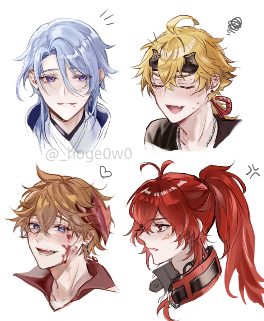 4boys ahoge anger_vein angry antenna_hair artist_name bangs black_shirt blonde_hair blood blood_on_face blue_eyes blue_hair blush clenched_teeth closed_eyes collarbone collared_shirt commentary_request cropped_shoulders diluc_(genshin_impact) diluc_(red_dead_of_night)_(genshin_impact) dog_tags fake_horns fang genshin_impact hair_between_eyes hair_over_shoulder headband heart high_ponytail highres hoge_(hoge0w0) horned_headwear horns japanese_clothes kamisato_ayato kimono long_hair looking_at_viewer low_ponytail male_focus mask mask_on_head medium_hair mole mole_under_mouth multiple_boys nose_blush notice_lines open_mouth orange_hair parted_bangs parted_lips ponytail profile raised_eyebrows red_eyes red_mask red_shirt redhead round_teeth shirt short_hair sidelocks skin_fang smile squiggle swept_bangs tartaglia_(genshin_impact) teeth thoma_(genshin_impact) tongue twitter_username upper_body v-shaped_eyebrows violet_eyes white_background
