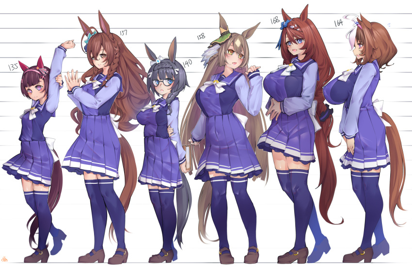 6+girls ahoge arm_up breasts brown_hair commentary_request full_body hair_between_eyes hair_ornament height_chart height_difference highres horse_girl keyfanjun large_breasts long_hair medium_breasts meisho_doto_(umamusume) mejiro_bright_(umamusume) multiple_girls nishino_flower_(umamusume) satono_diamond_(umamusume) school_uniform short_hair small_breasts super_creek_(umamusume) thigh-highs tracen_school_uniform umamusume zenno_rob_roy_(umamusume)