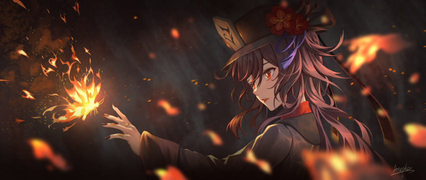 1girl arepko bangs black_nails blurry blurry_foreground brown_coat brown_hair brown_headwear bug butterfly coat commentary embers fire flower genshin_impact hat hat_flower highres hu_tao_(genshin_impact) jewelry lips long_hair long_sleeves multiple_rings night parted_lips plum_blossoms porkpie_hat reaching_out red_eyes red_shirt ring shirt signature solo tassel upper_body