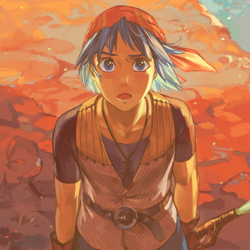 1boy armor bandana belt black_shirt blue_eyes blue_hair blue_shorts brown_gloves chainmail chrono_cross from_above gloves highres holding holding_weapon jewelry looking_at_viewer machibari2 male_focus necklace open_mouth red_bandana serge_(chrono_cross) shirt short_hair short_sleeves shorts solo upper_body weapon