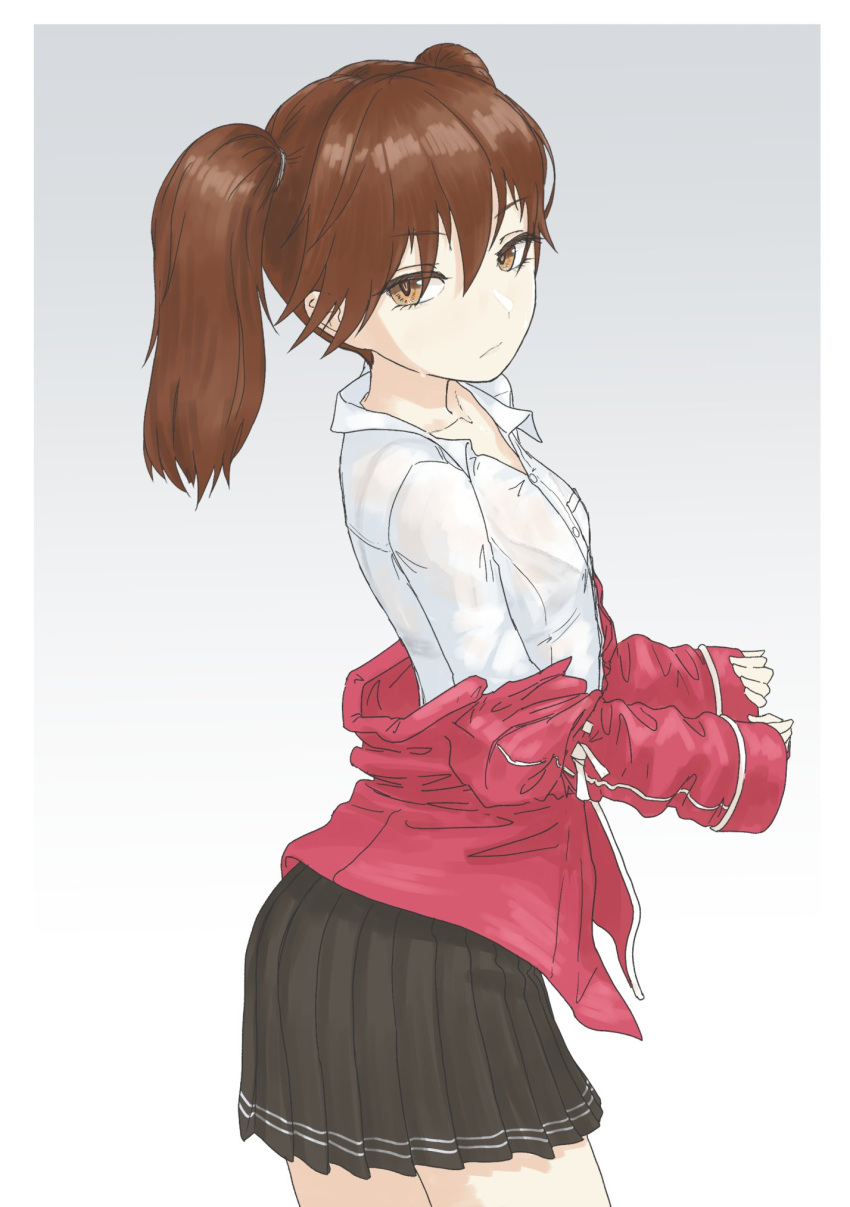 1girl black_skirt brown_eyes brown_hair commentary_request cowboy_shot dress dress_shirt flat_chest gradient gradient_background grey_background highres jacket japanese_clothes kantai_collection kariginu long_hair long_sleeves looking_at_viewer nito_(nshtntr) pleated_dress red_jacket ryuujou_(kancolle) shirt skirt solo standing visor_cap white_shirt