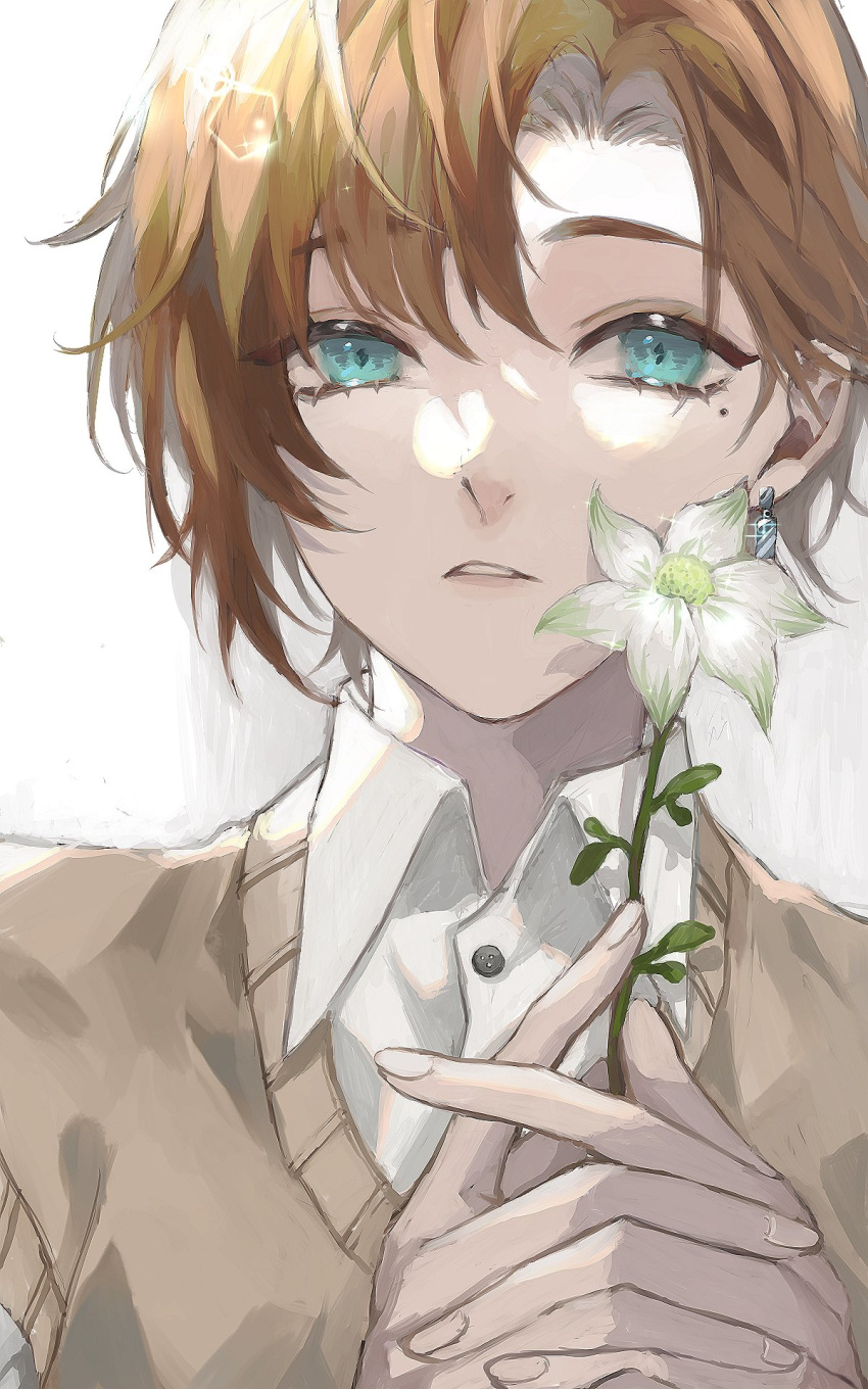 1boy backlighting bangs blue_eyes brown_hair brown_sweater buttons collared_shirt commentary earrings english_commentary eyelashes fingernails flower hands_up highres holding holding_flower jewelry kanae_(nijisanji) lens_flare looking_at_viewer male_focus mayu_mey mole mole_under_eye nijisanji parted_bangs parted_lips shirt short_hair sidelocks single_earring solo sparkle sweater upper_body virtual_youtuber white_background white_flower white_shirt wing_collar