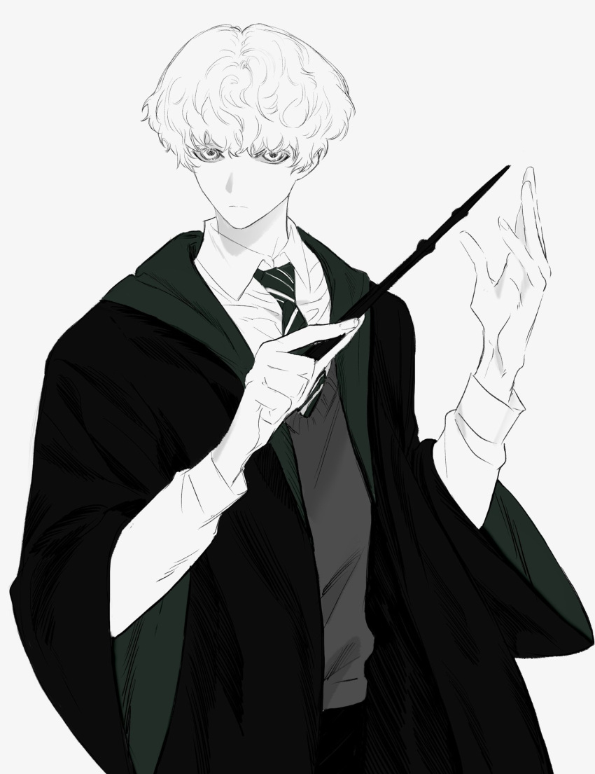 1boy bangs coat collared_shirt cosplay curly_hair green_theme hands_up hanes_025 harry_potter_(series) highres hogwarts_school_uniform holding holding_wand korean_commentary long_sleeves looking_at_viewer monochrome necktie original roy_(hanes_025) school_uniform shirt short_hair simple_background slytherin solo sweater_vest upper_body wand