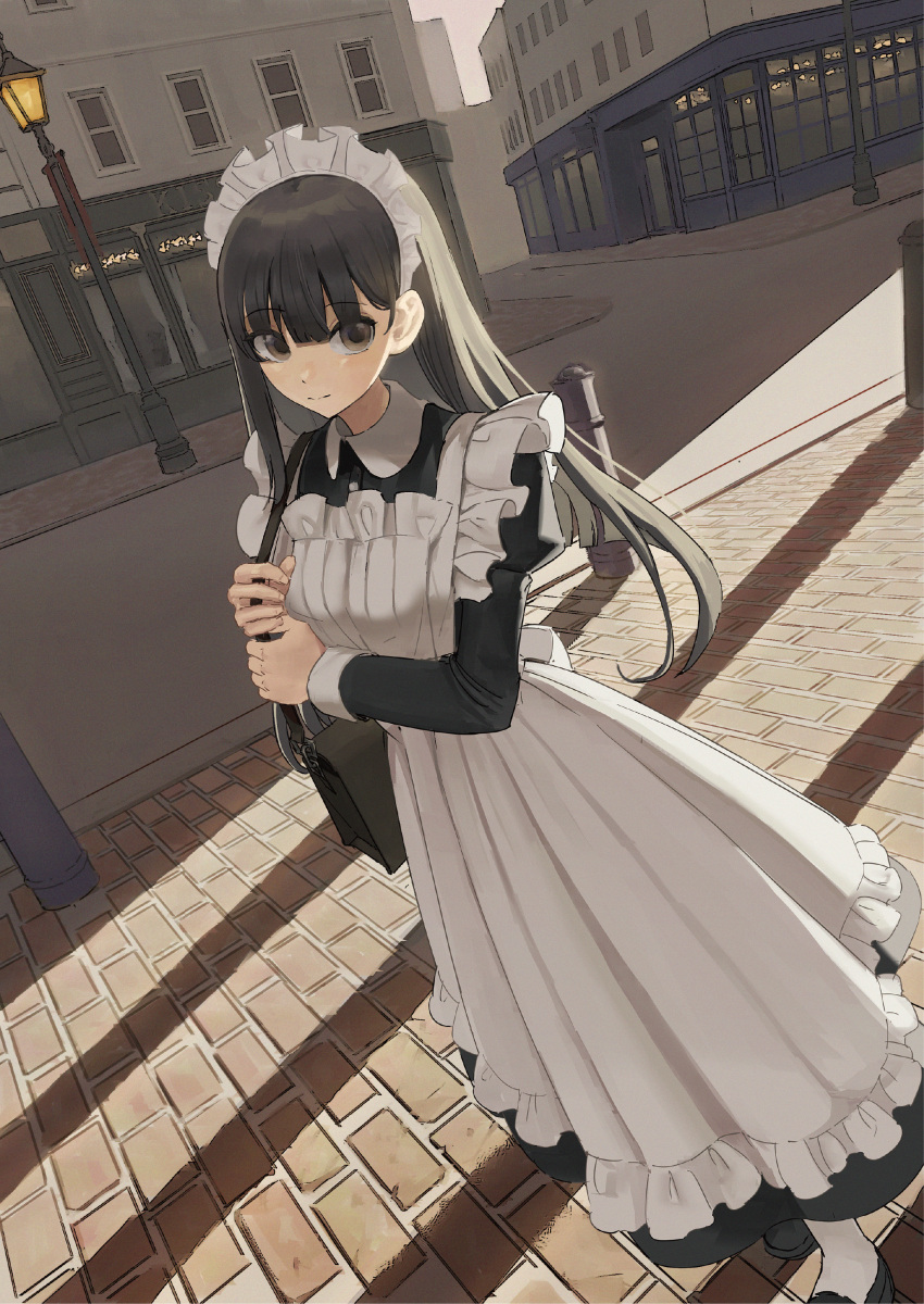 1girl absurdres apron bag bangs black_dress black_footwear black_hair brown_eyes building closed_mouth collared_dress commentary_request day dress frilled_apron frills highres holding_strap juliet_sleeves lamppost long_hair long_sleeves looking_at_viewer maid maid_apron maid_headdress original outdoors pantyhose puffy_sleeves shii_(kairi-t-k0317) shoes shoulder_bag smile solo standing very_long_hair white_apron white_pantyhose window