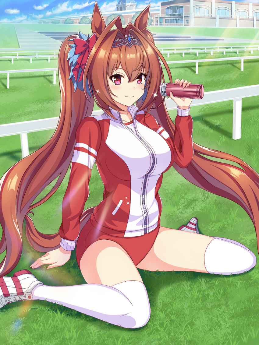 1girl animal_ears breasts brown_hair building commentary_request daiwa_scarlet_(umamusume) fang grass hair_between_eyes highres horse_ears horse_girl jacket large_breasts lens_flare looking_at_viewer red_eyes seiza shinsanworks sitting smile solo thigh-highs thighs tiara track_jacket twintails umamusume