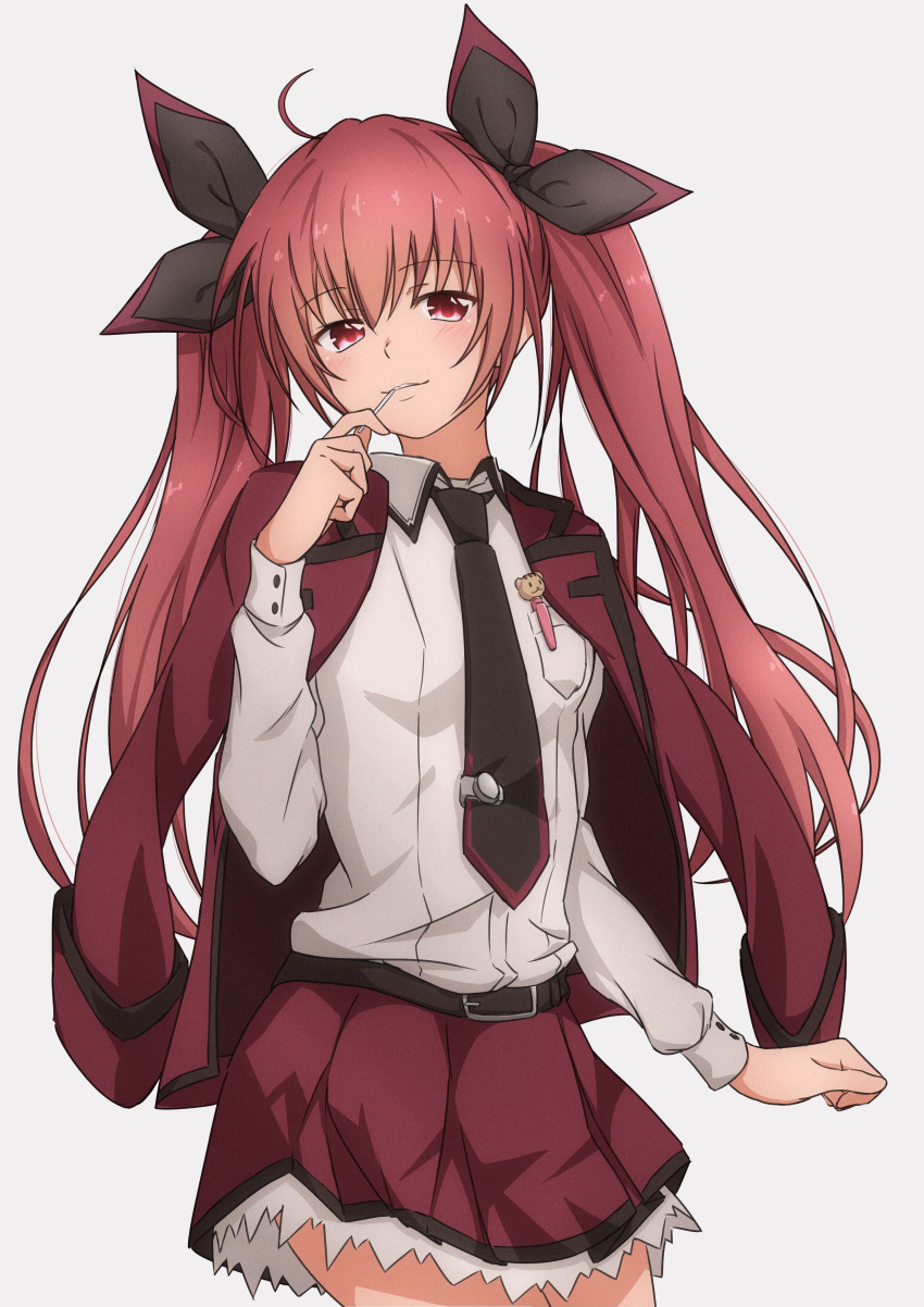 1girl absurdres ahoge bangs belt belt_buckle black_belt black_bow blush bow breast_pocket buckle closed_mouth collared_shirt cowboy_shot date_a_live dress_shirt floating_hair grey_background hair_between_eyes hair_bow highres itsuka_kotori jacket jacket_on_shoulders long_hair long_sleeves looking_at_viewer miniskirt nijizuki_shino open_clothes open_jacket parted_lips pen_in_pocket pleated_skirt pocket red_eyes red_jacket red_skirt redhead shiny shiny_hair shirt simple_background skirt smile solo standing twintails very_long_hair white_shirt wing_collar