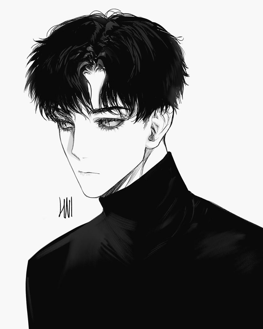 1boy bangs closed_mouth eyelashes frown greyscale hanes_025 highres looking_away monochrome original portrait short_hair sideways_glance signature simple_background solo turtleneck