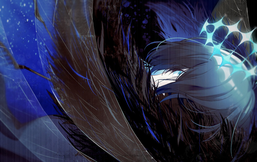 1boy alternate_hair_color arthropod_boy bangs black_hair blue_eyes bo_pot cloak commentary crown dark_persona diamond_hairband fate/grand_order fate_(series) fur-trimmed_cloak fur_collar fur_trim highres insect_wings long_sleeves looking_at_viewer looking_back male_focus medium_hair oberon_(fate) oberon_(third_ascension)_(fate) official_alternate_costume solo wings