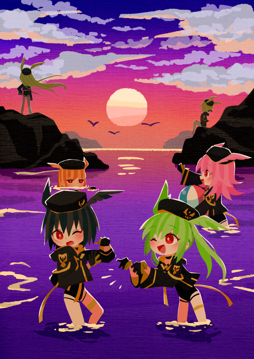6+girls absurdres bird black_gloves black_hair black_headwear black_jacket black_swimsuit blonde_hair blush brown_hair chibi clouds commentary_request fate/grand_order fate_(series) floating_hair geirskogul_(fate) gloves green_hair hat head_wings highres hildr_(fate) hildr_(swimsuit_assassin)_(fate) jacket long_hair looking_at_another looking_away medium_hair multiple_girls ocean olrun_(fate) one_eye_closed open_mouth ortlinde_(fate) ortlinde_(swimsuit_assassin)_(fate) outdoors partially_submerged pink_hair red_eyes rindr_(fate) short_hair siblings sisters sky smile sunset swimsuit thrud_(fate) thrud_(swimsuit_assassin)_(fate) twintails valkyrie_(fate) waniyama1993 water