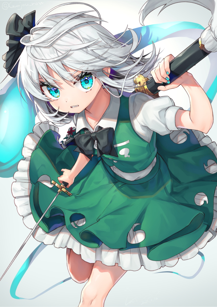 1girl aqua_eyes bangs black_bow black_bowtie black_hairband bow bowtie dot_nose eyelashes flower frilled_skirt frills ghost green_nails green_skirt green_vest grey_background gunjou_row hairband highres holding holding_sword holding_weapon konpaku_youmu looking_at_viewer nail_polish parted_lips puffy_short_sleeves puffy_sleeves scabbard sheath sheathed shirt short_hair short_sleeves simple_background skirt skirt_set solo sword teeth touhou twitter_username vest weapon white_background white_hair white_shirt