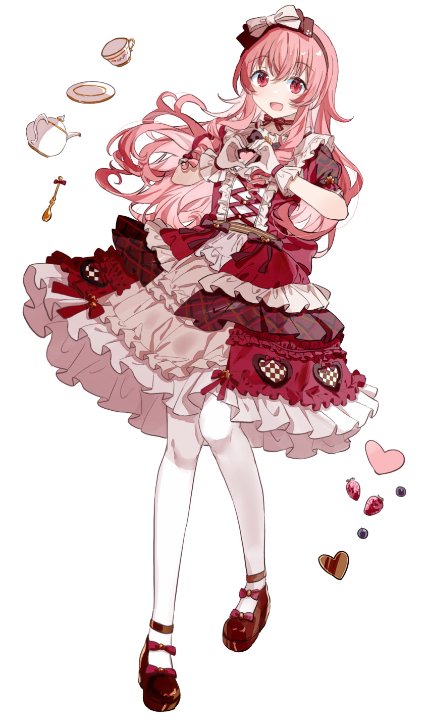 1girl :d absurdres blueberry bow bow_hairband bracelet breasts brown_hairband candy chocolate cup curly_hair dress fang food frilled_dress frilled_gloves frills fruit full_body gloves gocoli hairband heart heart-shaped_chocolate heart_hands highres jewelry long_hair looking_at_viewer momoi_airi open_mouth pink_hair plate project_sekai red_dress red_eyes red_ribbon ribbon sidelocks simple_background small_breasts smile solo spoon standing standing_on_one_leg strawberry teapot tiles white_background white_bow white_gloves
