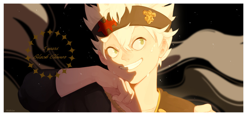 1boy asta_(black_clover) black_clover copyright_name green_eyes grin headband highres idylliclum looking_to_the_side male_focus smile solo sweat white_hair