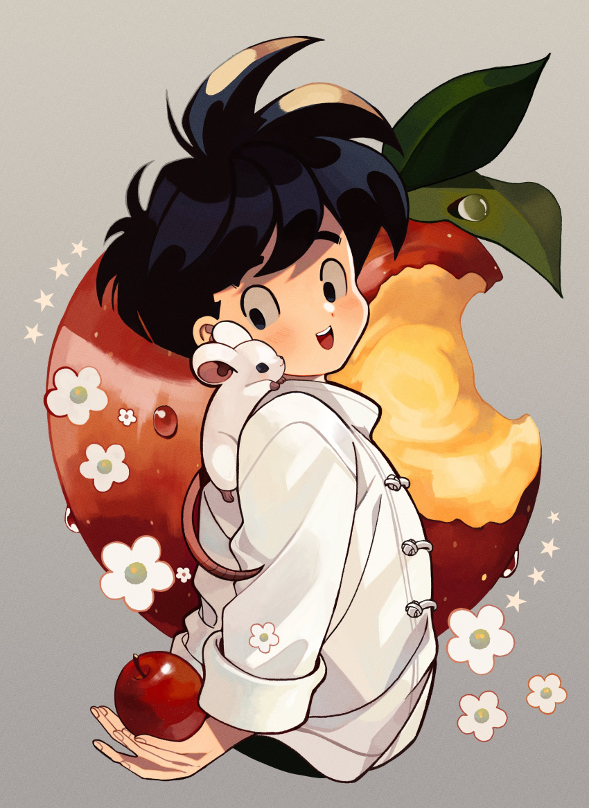 1boy absurdres animal_on_shoulder apple black_eyes black_hair child chinese_clothes commentary db_jolimuuu dragon_ball dragon_ball_(classic) dragon_ball_z flower food fruit grey_background highres holding holding_food holding_fruit leaf lily_(flower) looking_at_another male_child male_focus mouse open_mouth short_hair simple_background smile son_gohan spiky_hair star_(symbol) symbol-only_commentary teeth upper_teeth water_drop