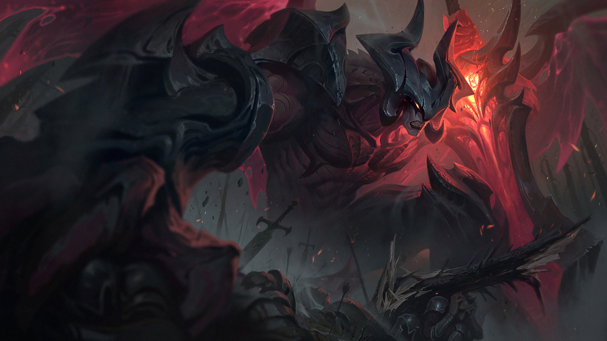 1boy aatrox abs angry arrow_(projectile) battlefield claymore_(sword) corpse demon demon_boy demon_wings dust fantasy furious glowing glowing_eyes greatsword highres horns kneeling league_of_legends light_particles male_focus muscular muscular_male official_art pectorals red_eyes riot_games size_difference sky splashing sword teeth topless_male torn_wings victor_maury warrior weapon wings