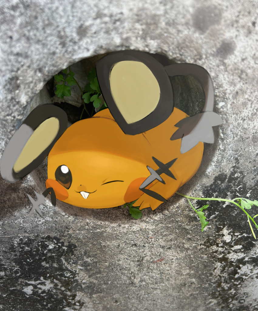 absurdres brown_eyes closed_mouth commentary_request day dedenne highres horezai leaf no_humans one_eye_closed outdoors pokemon pokemon_(creature) smile solo