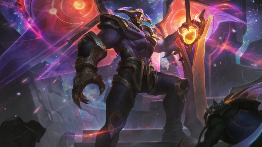 1boy aatrox abs alien alternate_costume biceps claws creature demon demon_boy fantasy gauntlets glowing glowing_eyes glowing_wings greatsword highres horns kha'zix large_pectorals league_of_legends looking_at_viewer male_focus mature_male muscular muscular_male odyssey odyssey_aatrox odyssey_kha'zix official_art omo0709 outdoors pants pectorals sky spacecraft star_(sky) starry_sky sword thick_arms violet_eyes weapon wings