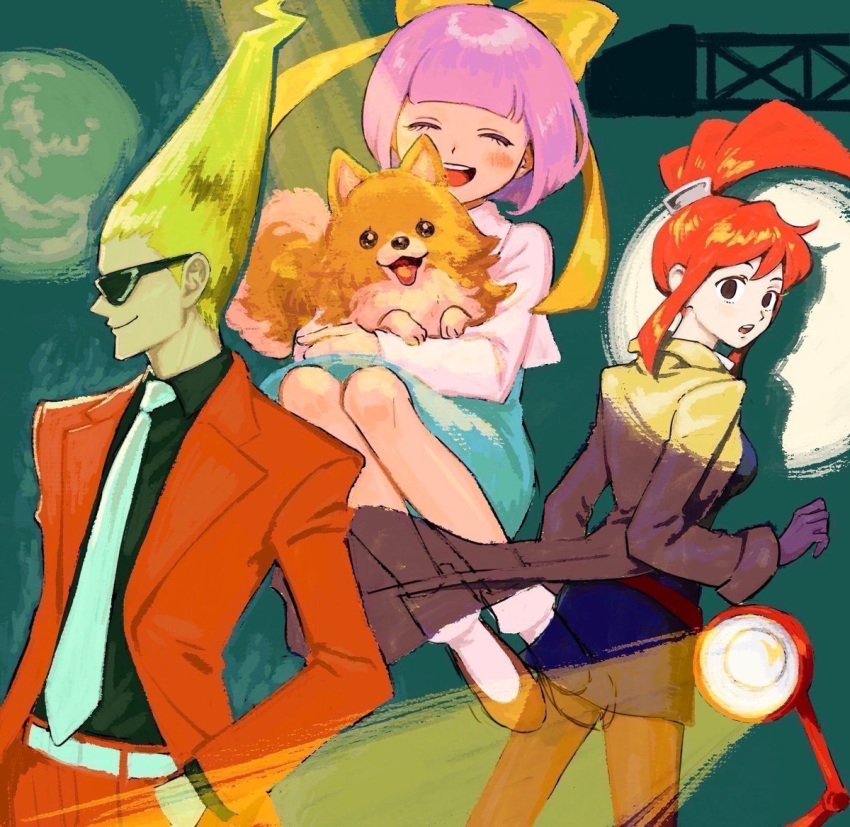 1boy 2girls black_eyes black_shirt blonde_hair blush bow closed_eyes closed_mouth coat dog ghost_trick hair_bow hand_in_pocket impossible_hair jacket kanon_(ghost_trick) lamp long_sleeves lynne missile_(ghost_trick) multiple_girls necktie open_mouth pants parted_lips pink_hair pomeranian_(dog) red_jacket red_pants redhead renshu_usodayo shirt short_hair sissel smile spotlight sunglasses white_necktie yellow_bow yellow_coat