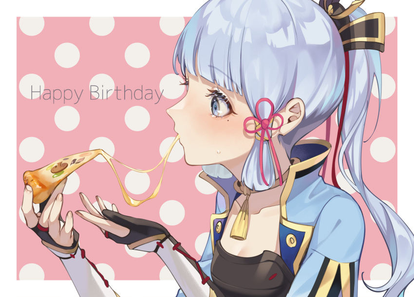 1girl ayabu_sou bangs black_gloves blue_eyes blue_hair blunt_bangs cheese_trail choker commentary_request eating eyelashes food genshin_impact gloves hair_ribbon happy_birthday highres holding holding_food japanese_clothes kamisato_ayaka long_hair mole mole_under_eye partially_fingerless_gloves pink_ribbon pizza polka_dot polka_dot_background ponytail ribbon simple_background solo tassel tress_ribbon upper_body yellow_choker