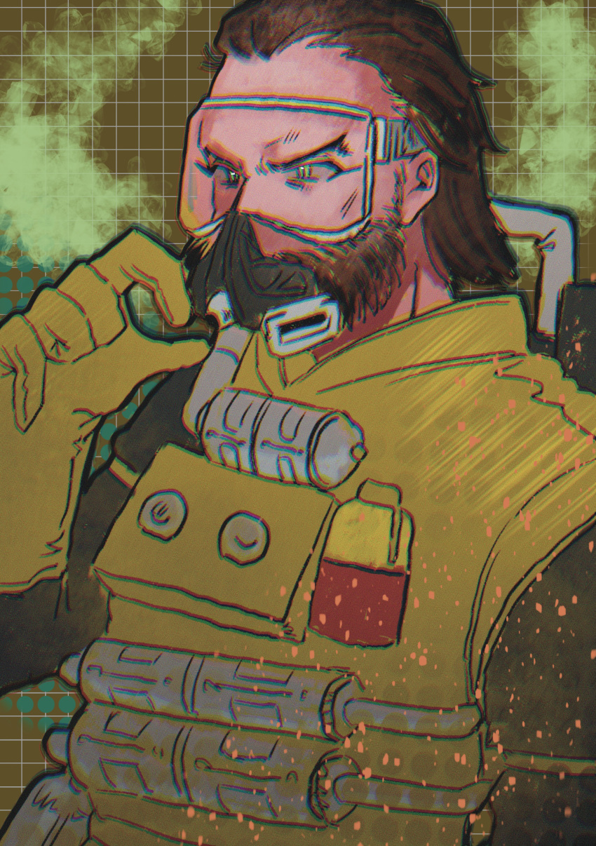 1boy absurdres apex_legends beard brown_hair caustic_(apex_legends) chromatic_aberration colored_smoke facial_hair gas_mask gloves goggles green_eyes hair_slicked_back hazmat_suit highres jaaku_ko looking_ahead male_focus mask open_hand smoke solo upper_body v-shaped_eyebrows yellow_gloves