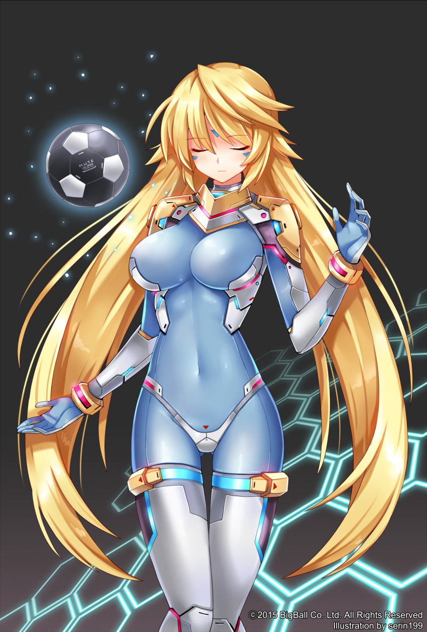 1girl ass_visible_through_thighs ball blonde_hair blue_bodysuit bodysuit closed_eyes closed_mouth covered_navel expressionless floating floating_object hexagon highres long_hair serin199 soccer_ball soccer_spirits solo thigh-highs thigh_gap very_long_hair white_thighhighs