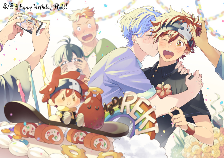 6+boys adam_(sk8) black_shirt blue_hair blush cake closed_eyes flower food green_hair happy_birthday hasegawa_langa headband highres hug joe_(sk8) kiss kissing_cheek kyan_reki male_focus miya_(sk8) multiple_boys one_eye_closed open_mouth orange_eyes orange_hair purple_shirt redhead shadow_(sk8) shirt short_hair short_sleeves sk8_the_infinity skateboard uppi