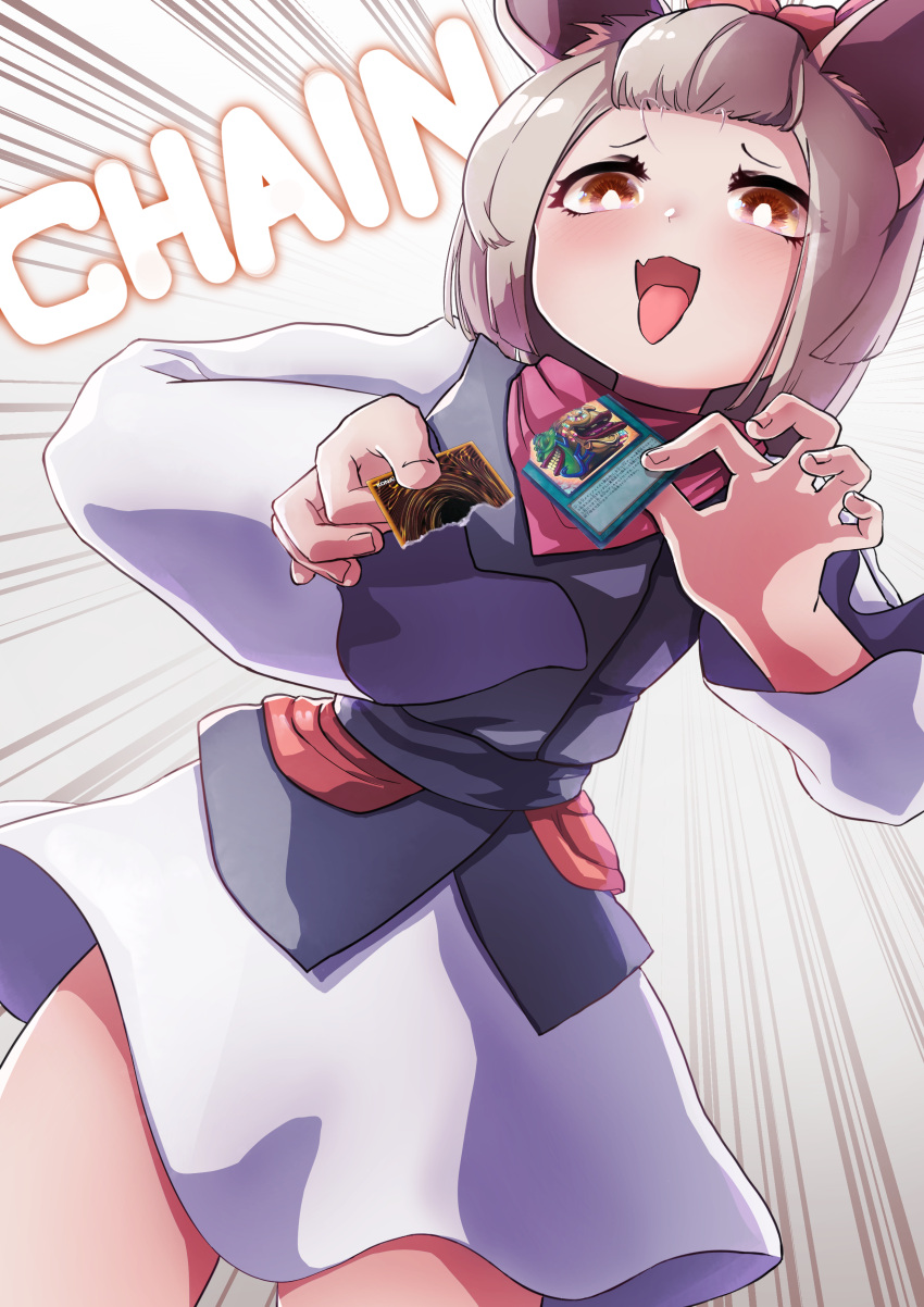 1girl absurdres animal_ear_fluff animal_ears ash_blossom_&amp;_joyous_spring blush bow brown_eyes brown_hair c_civciv card commentary duel_monster emphasis_lines english_text evil_smile fang fingernails forehead gameplay_mechanics gesugao hair_bow highres holding holding_card japanese_clothes kimono long_sleeves looking_at_viewer open_mouth pink_bow pink_hair pot_of_extravagance ribbon ripping scarf short_hair short_kimono simple_background skin_fang smile solo speech_bubble tearing_paper tongue tongue_out trading_card yu-gi-oh!