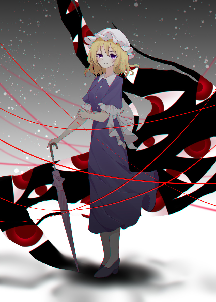 1girl absurdres bangs blonde_hair breasts buttons closed_mouth collared_dress commentary_request dress frilled_sleeves frills full_body gap_(touhou) gradient gradient_background grey_background hat high_heels highres holding holding_own_arm holding_umbrella lian_mang light_smile looking_at_viewer maribel_hearn medium_breasts mob_cap purple_dress sash short_hair solo standing touhou umbrella violet_eyes white_headwear white_sash