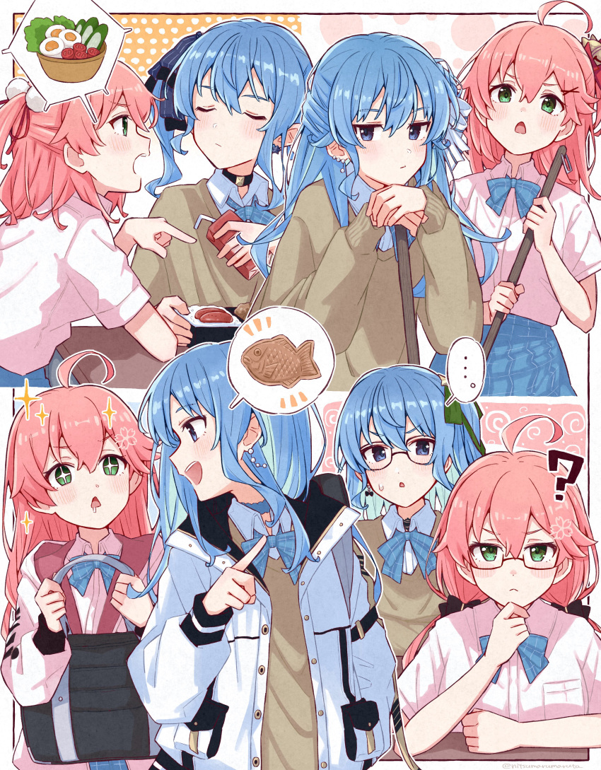 +_+ 2girls :d ? absurdres ahoge bag bangs blue_bow blue_bowtie blue_eyes blue_hair blue_skirt bow bowtie brown_sweater earrings flower glasses green_eyes hair_between_eyes hair_flower hair_ornament hair_ribbon highres holding holding_bag hololive hoshimachi_suisei jacket jewelry long_hair multiple_girls nitsumaru_maruta open_clothes open_jacket pink_hair plaid plaid_skirt ribbon sakura_miko school_uniform shirt skirt smile sparkle spoken_food star_(symbol) star_in_eye sweater symbol_in_eye triangle_mouth virtual_youtuber white_jacket white_shirt x_hair_ornament
