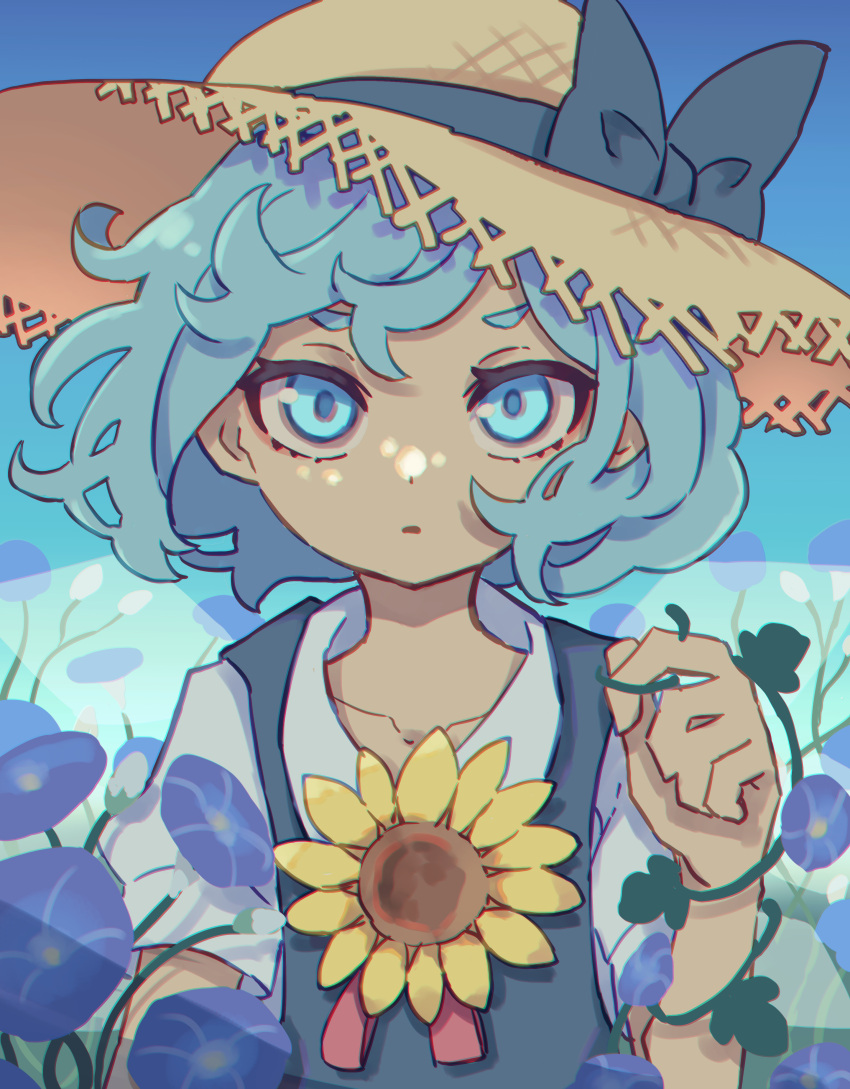 1girl absurdres blue_dress blue_eyes blue_flower blue_hair cirno dress fairy flower hat highres ice ice_wings kame_(kamepan44231) morning_glory parted_lips shirt short_hair short_sleeves solo straw_hat sun_hat sunflower tanned_cirno touhou upper_body white_shirt wings yellow_flower