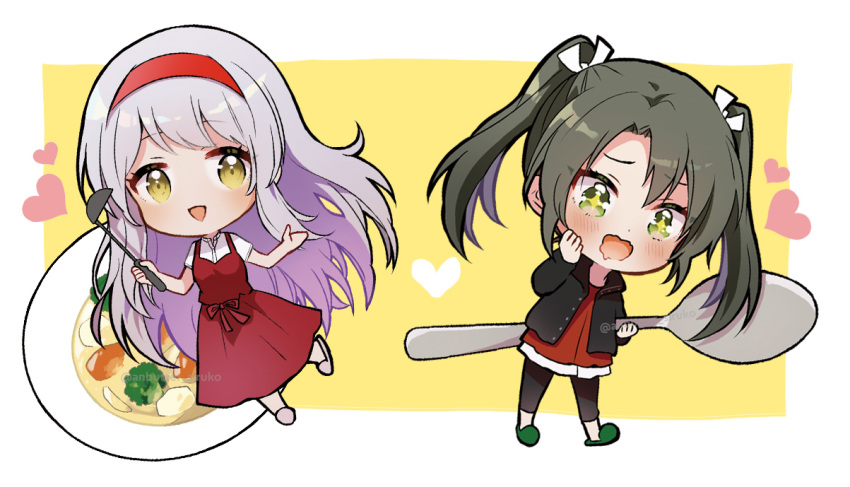 2girls anbutter_siruko black_jacket blush dress food full_body green_eyes green_hair hair_ribbon headband heart holding holding_ladle holding_spoon jacket kantai_collection ladle long_hair long_sleeves multiple_girls official_alternate_costume open_clothes open_jacket open_mouth oversized_object red_dress red_headband ribbon shirt short_sleeves shoukaku_(kancolle) slippers smile spoon stew twintails twitter_username white_hair white_ribbon white_shirt yellow_eyes zuikaku_(kancolle)