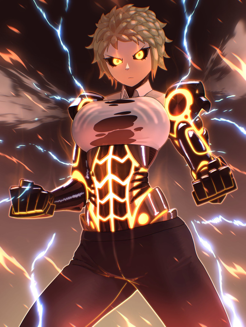 1girl black_sclera blonde_hair clenched_hand closed_mouth collared_shirt colored_sclera cowboy_shot cyborg embers genderswap genderswap_(mtf) genos glowing highres legs_apart lightning looking_at_viewer mechanical_arms one-punch_man saku_ram serious shirt short_hair solo steam yellow_eyes