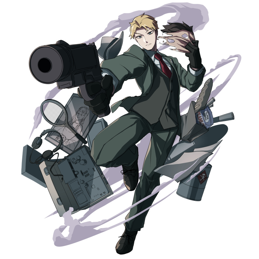 1boy absurdres audio_jack bag baguette barrel black_gloves blonde_hair blue_eyes bread brown_footwear brown_hair bullet c_civciv closed_mouth english_text food gloves grey_headwear gun headphones highres holding holding_gun holding_mask holding_weapon leg_up male_focus mask mask_removed necktie painting_(object) paper paper_bag racket red_necktie ripping smile solo spy_x_family steam television tennis_racket twilight_(spy_x_family) weapon white_background