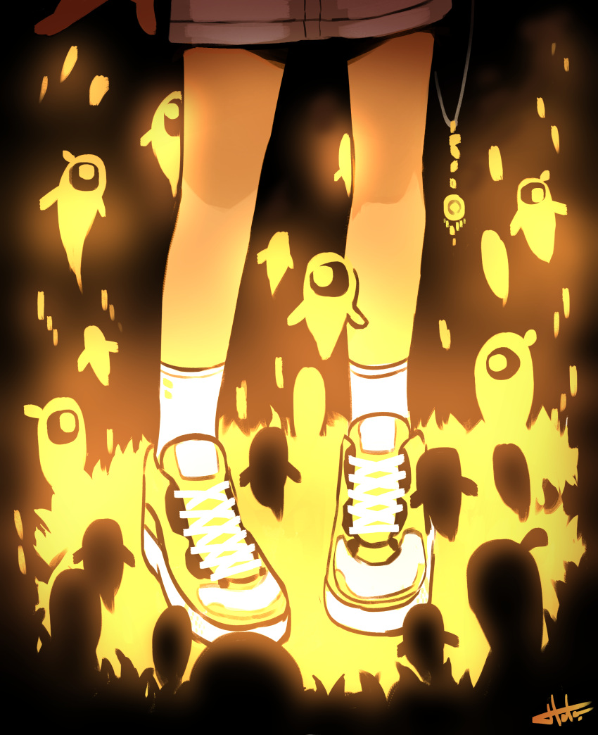 1girl absurdres fire ghost hayato_noda highres holding holding_jewelry holding_necklace jewelry necklace original shoes sneakers socks solo