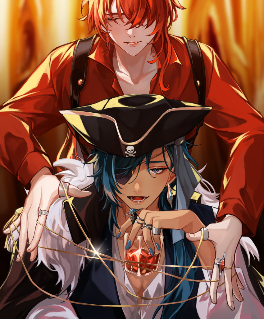 2boys absurdres alcohol bangs black_headwear black_vest blue_eyes blue_hair blue_nails blue_ribbon blurry blurry_background brown_cape cape closed_eyes collarbone collared_cape collared_shirt commentary crescent_(cgcrescent) cup dark-skinned_male dark_skin diluc_(genshin_impact) drink earrings english_commentary eyelashes eyepatch fingernails fur-trimmed_cape fur_trim genshin_impact hair_over_one_eye hand_up hat highres holding holding_cup jewelry kaeya_(genshin_impact) long_hair long_sleeves male_focus multiple_boys multiple_rings nail_polish one_eye_covered open_mouth parted_bangs parted_lips pirate_hat red_shirt redhead ribbon ring shirt sidelocks single_earring sitting smile standing star-shaped_pupils star_(symbol) string symbol-shaped_pupils teeth thumb_ring tongue vest white_shirt