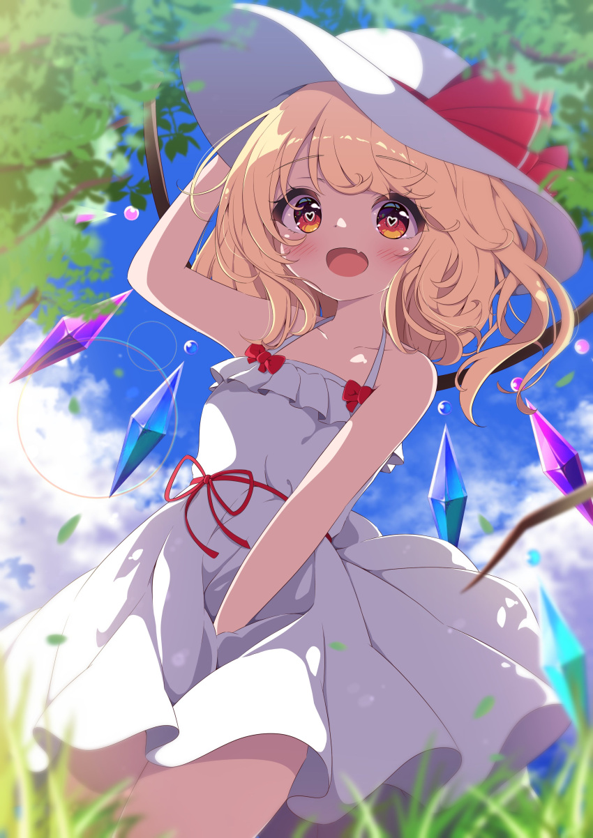 1girl :d absurdres alternate_costume arm_up armpit_peek bare_shoulders blurry blurry_background blurry_foreground blush clouds cowboy_shot crystal day depth_of_field dress fang flandre_scarlet from_below g4ku happy hat heart heart-shaped_pupils highres lens_flare looking_at_viewer open_mouth outdoors plant red_ribbon ribbon skin_fang sky smile solo sundress symbol-shaped_pupils thighs touhou tree white_dress wings
