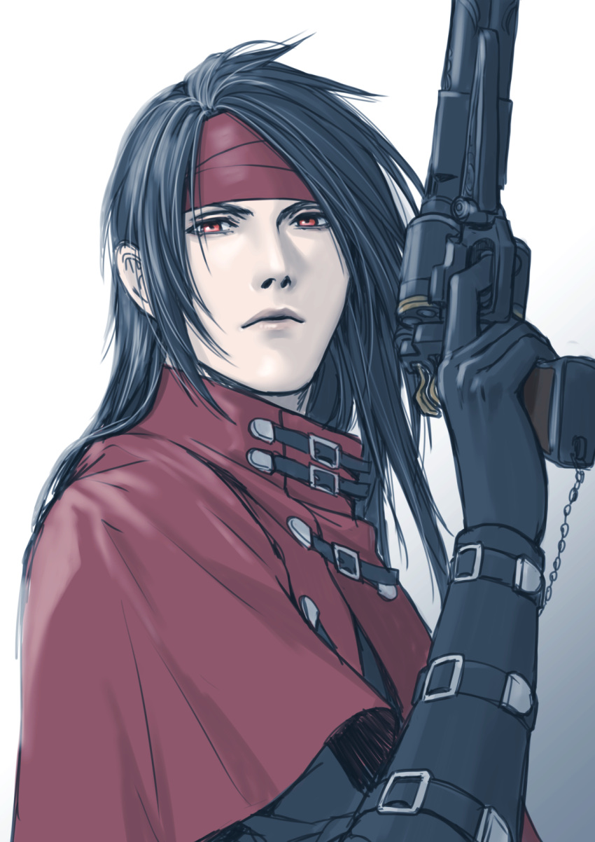 1boy arm_strap bangs black_gloves black_hair black_shirt cloak final_fantasy final_fantasy_vii finger_on_trigger gloves gun handgun headband highres holding holding_gun holding_weapon long_hair long_sleeves looking_at_viewer male_focus pale_skin parted_bangs portrait red_cloak red_eyes red_headband sd_supa shirt solo upper_body vincent_valentine weapon white_background