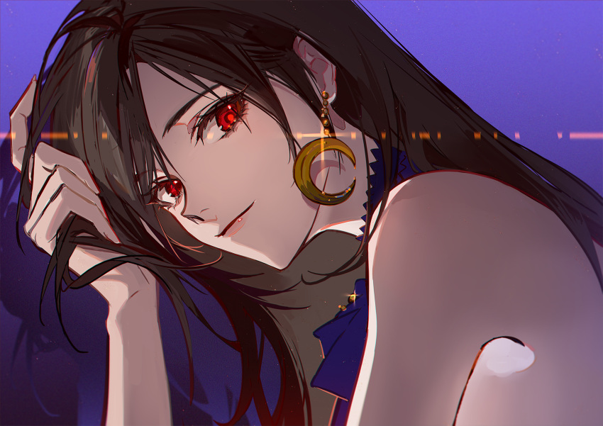 1girl bare_shoulders black_hair brown_hair crescent crescent_earrings crescent_moon dress earrings eyelashes final_fantasy final_fantasy_vii final_fantasy_vii_remake highres jewelry long_hair looking_at_viewer moon neck_ribbon official_alternate_costume red_eyes ribbon satsuya simple_background sleeveless sleeveless_dress solo tifa_lockhart tifa_lockhart's_refined_dress upper_body