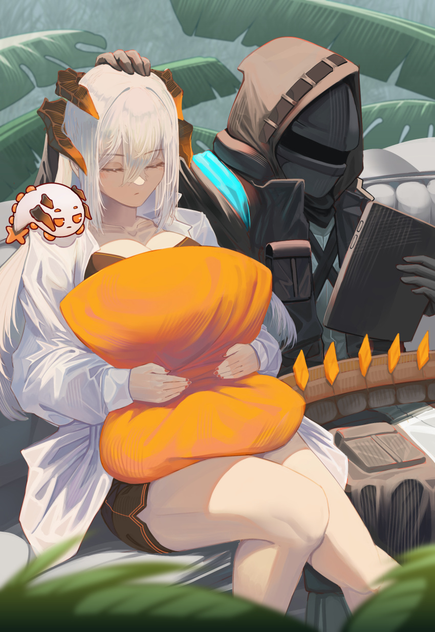 1girl 1other absurdres ambiguous_gender arknights black_gloves black_jacket black_shorts breasts closed_eyes collarbone creature doctor_(arknights) dragon_horns dragon_tail english_commentary gloves hair_between_eyes headpat highres holding holding_pillow holding_tablet_pc hood hooded_jacket horns jacket najashi pillow saria_(arknights) shirt shorts sitting sleeping tablet_pc tail white_hair white_shirt